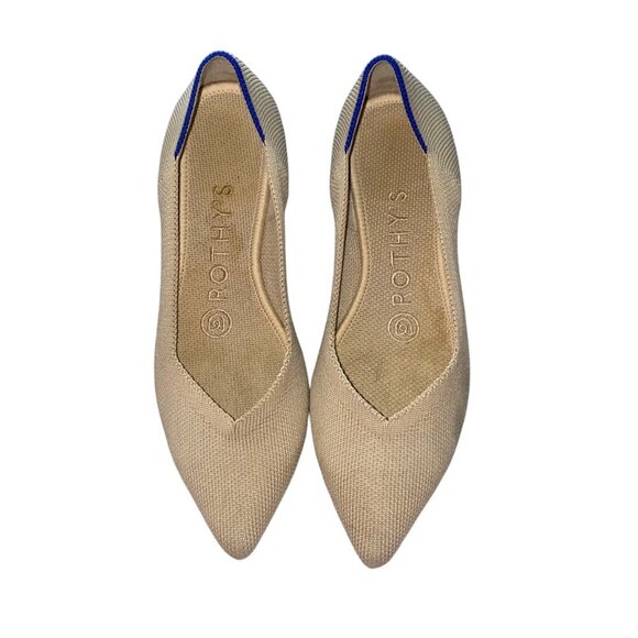 Rothy's Pointed Toe Flats Beige With Blue Trim Size 5 Womens Shoes VGUC - Picture 1 of 15